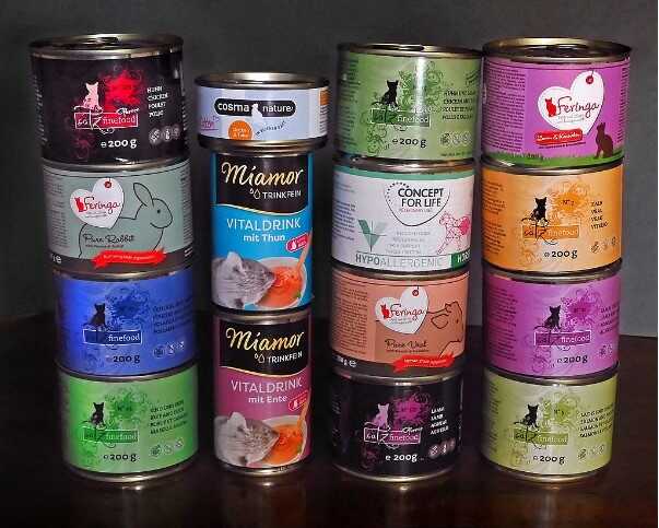 Various canned foods for cats
